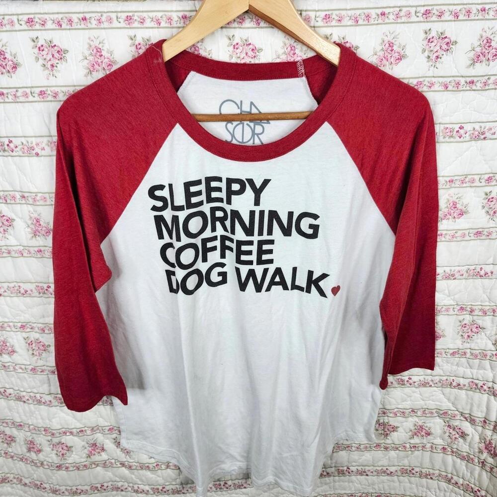 CHASOR Sleepy Morning Coffee Dog Walk Raglan Tee - Size L - Picture 2 of 6